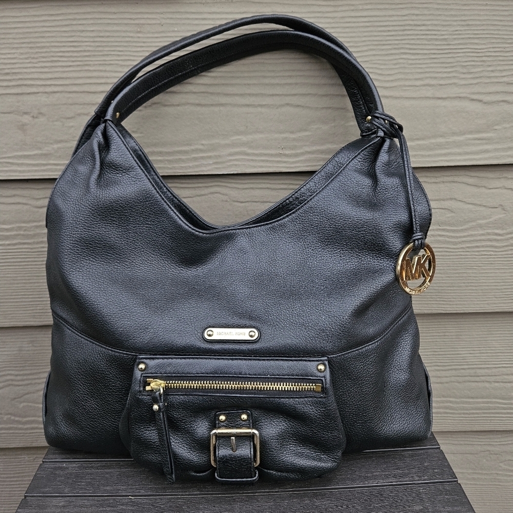 Michael Kors Austin Large Black Hobo Shoulder Bag Purse Full-Grain Leather